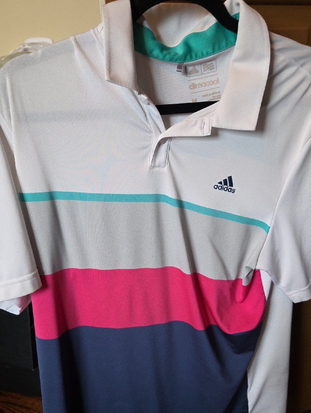 adidas White Polo with Teal, Pink & Navy Stripes